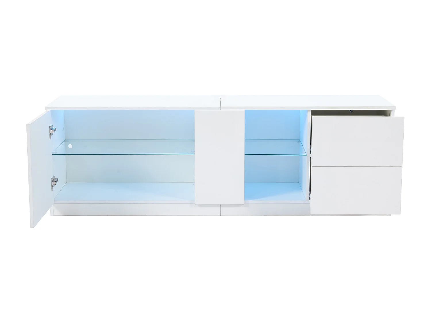 Mobile TV 160x40x52 cm - alta lucentezza - con LED - adatto per televisori da 65" - con 2 cassetti e 1 anta - Bianco