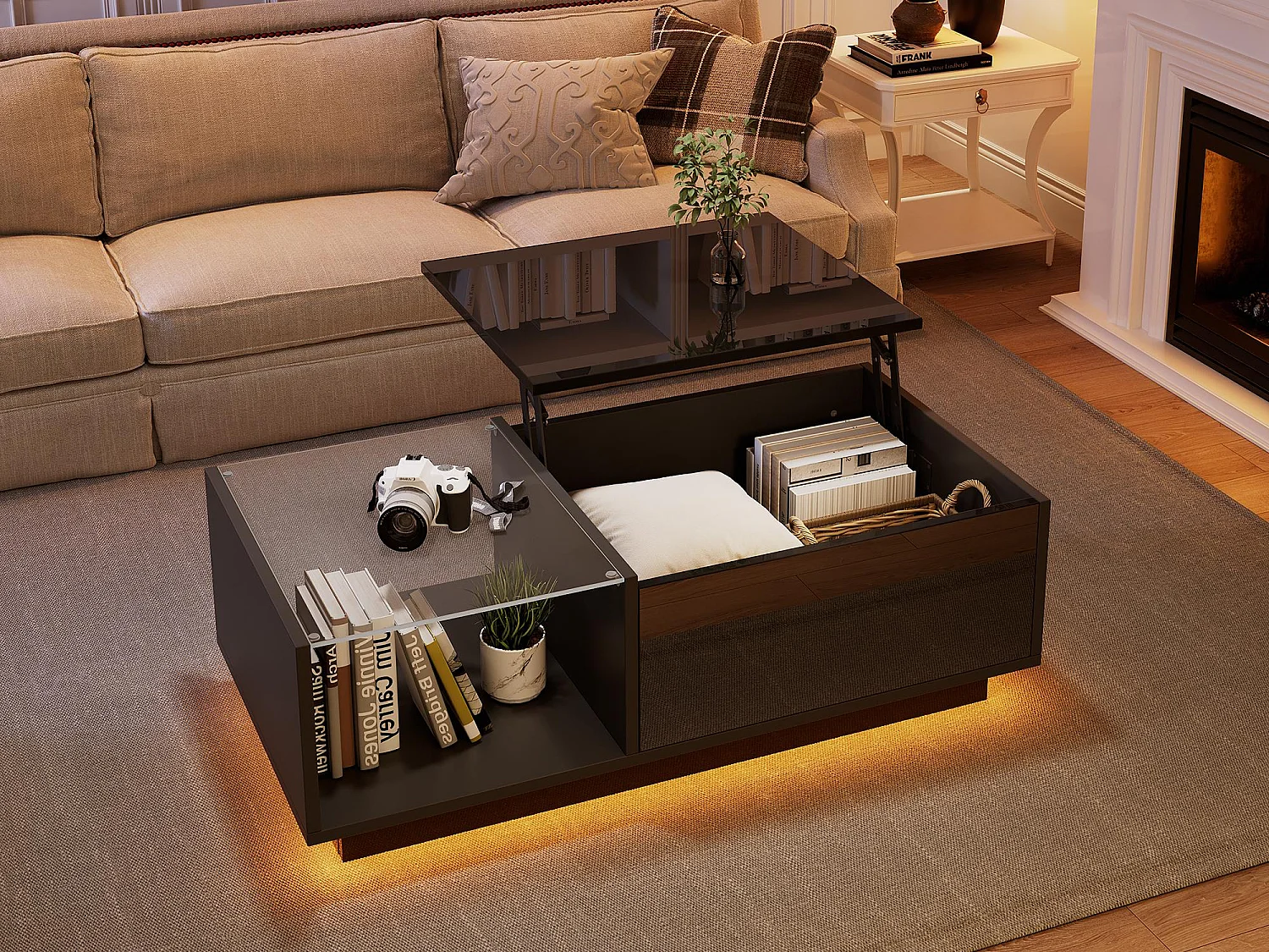 Table basse haute brillance - hauteur réglable - avec rangement + étagères - noir