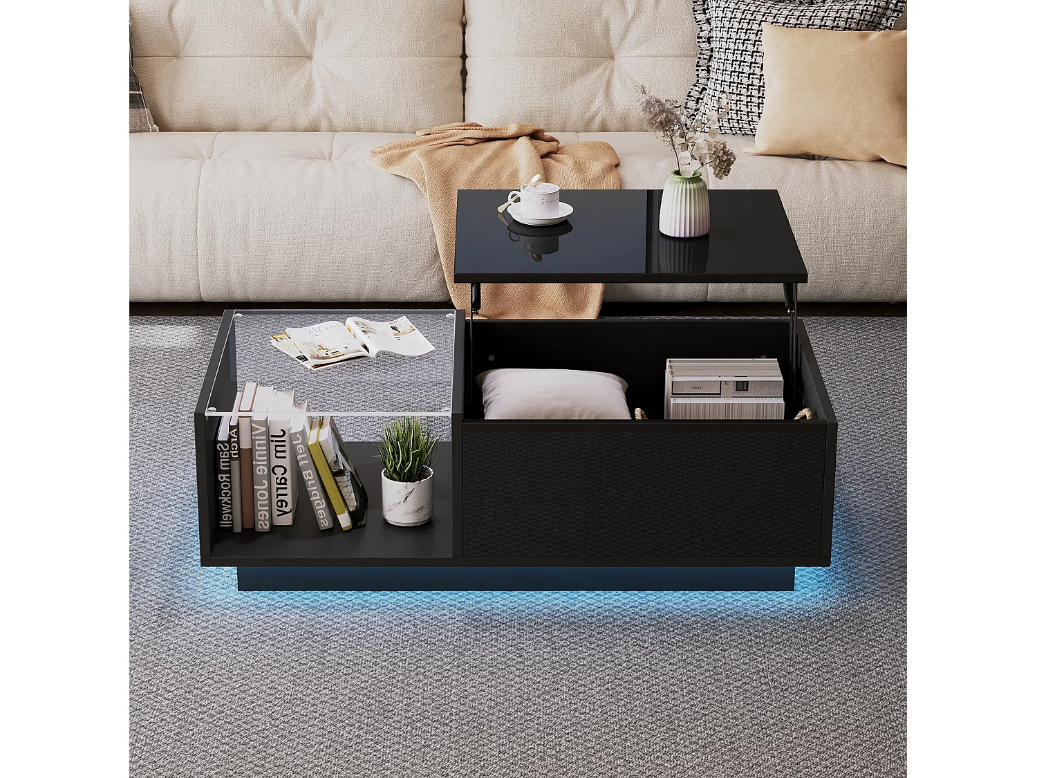 Table basse haute brillance - hauteur réglable - avec rangement + étagères - noir