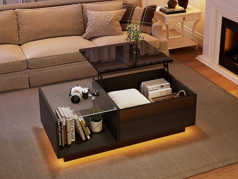 Table basse haute brillance - hauteur réglable - avec rangement + étagères - noir