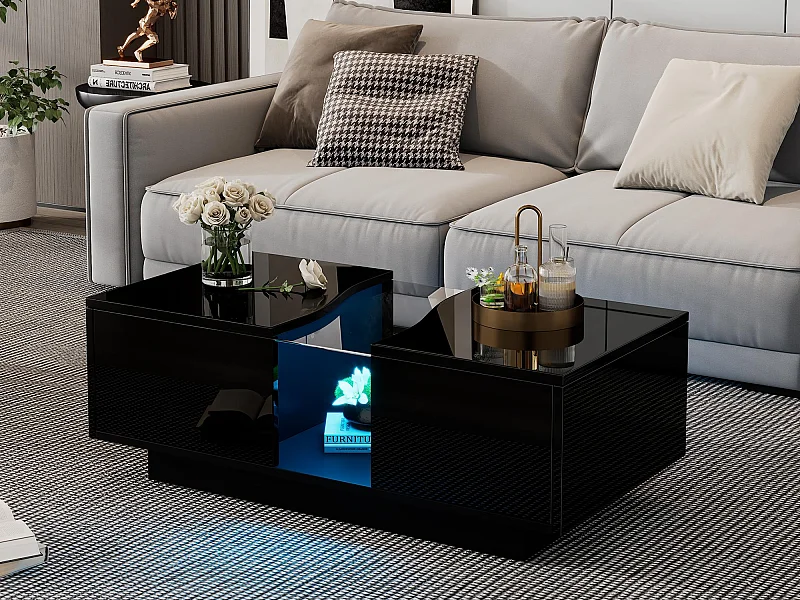 Mesa de centro moderna com LED e 2 gavetas - 100x50x35 cm - MDF - Preto
