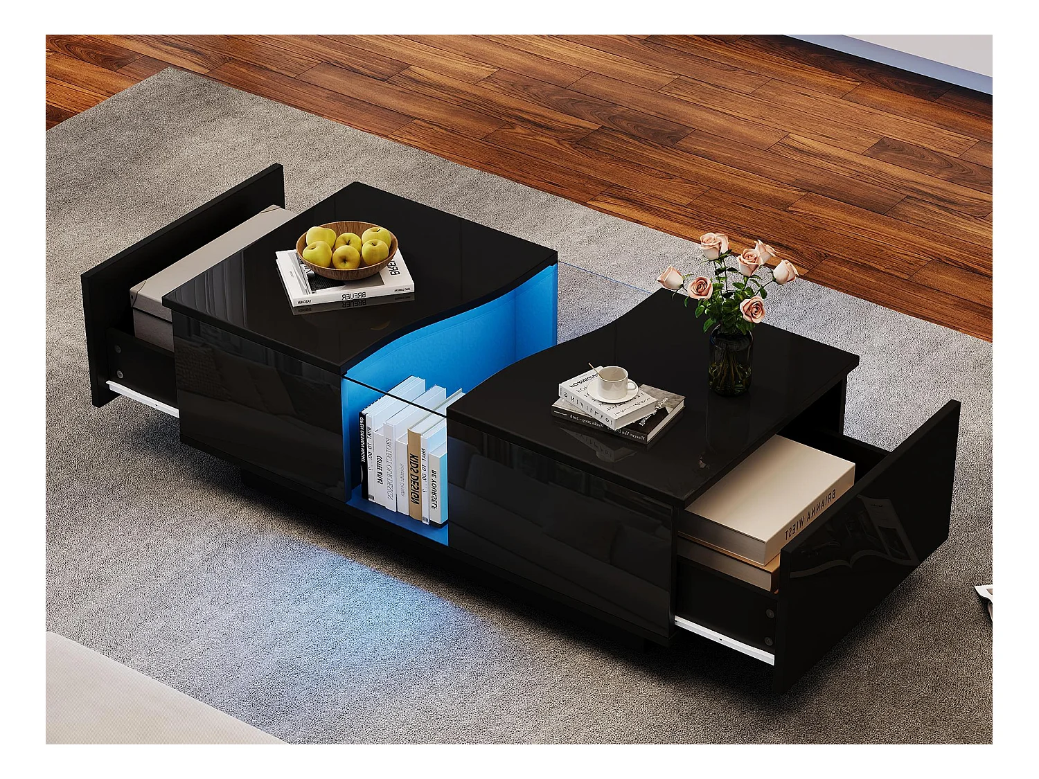 Table basse moderne à LED avec 2 tiroirs – 100x50x35 cm - MDF - Noir