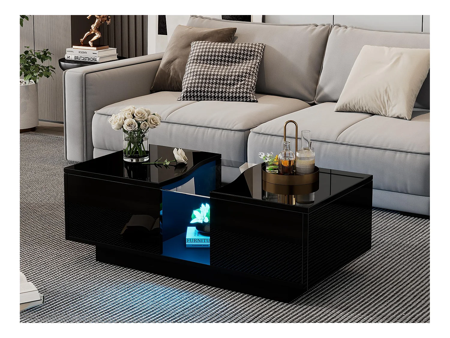 Moderner Beistelltisch mit LED und 2 Schubladen - 100x50x35 cm - MDF - Schwarz