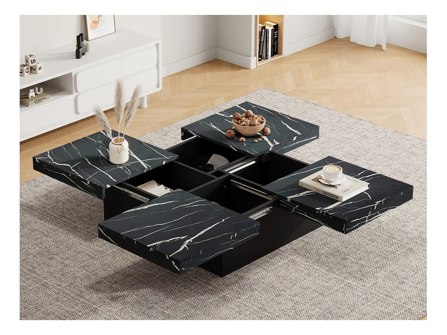Table basse carrée moderne - aspect marbre - 90x90x25cm – 4 tiroirs coulissants - Noir