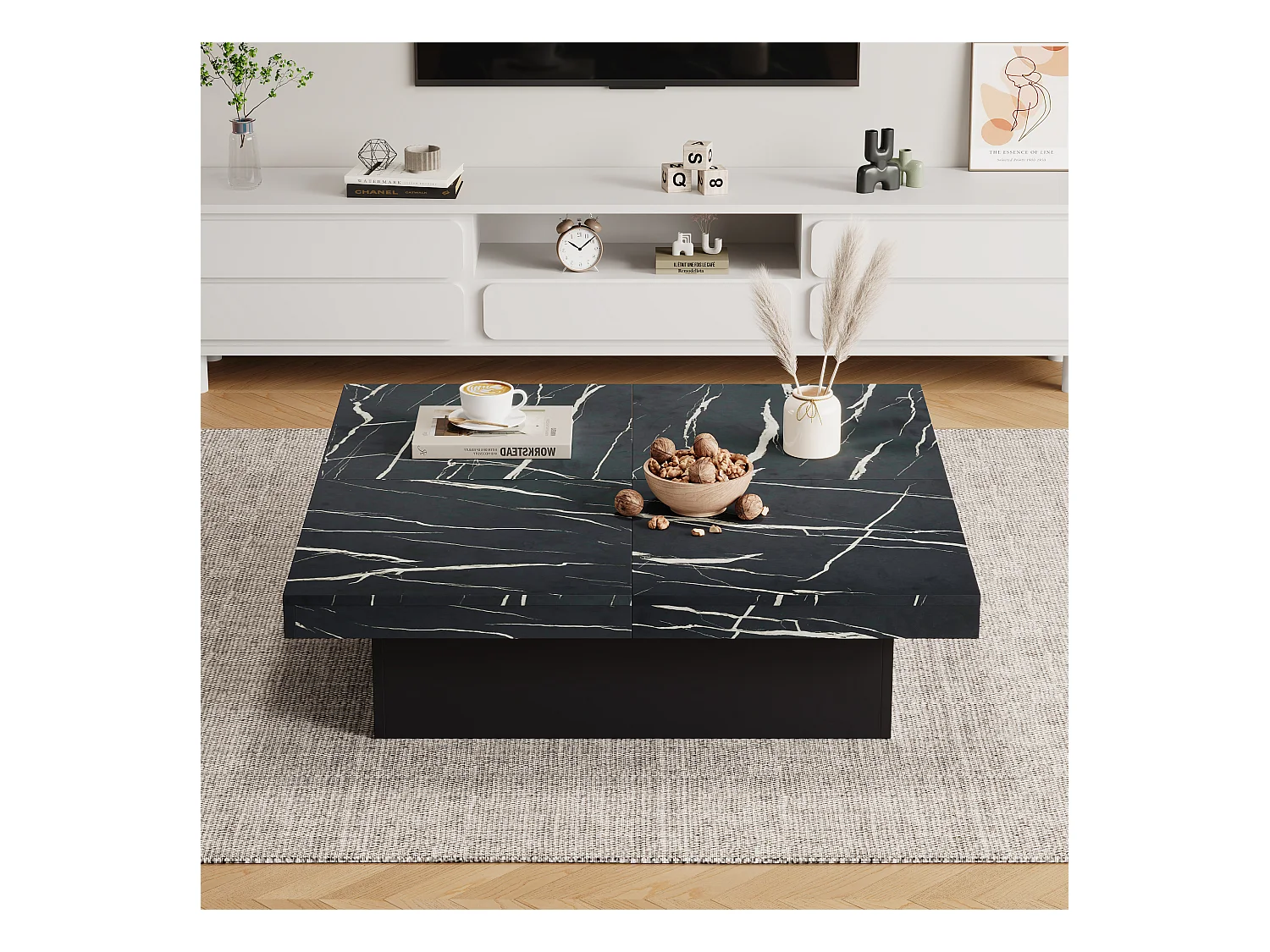 Table basse carrée moderne - aspect marbre - 90x90x25cm – 4 tiroirs coulissants - Noir