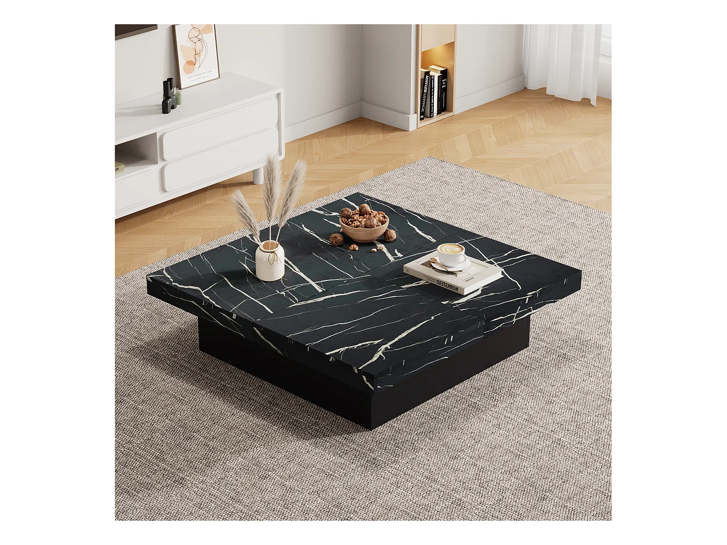 Table basse carrée moderne - aspect marbre - 90x90x25cm – 4 tiroirs coulissants - Noir