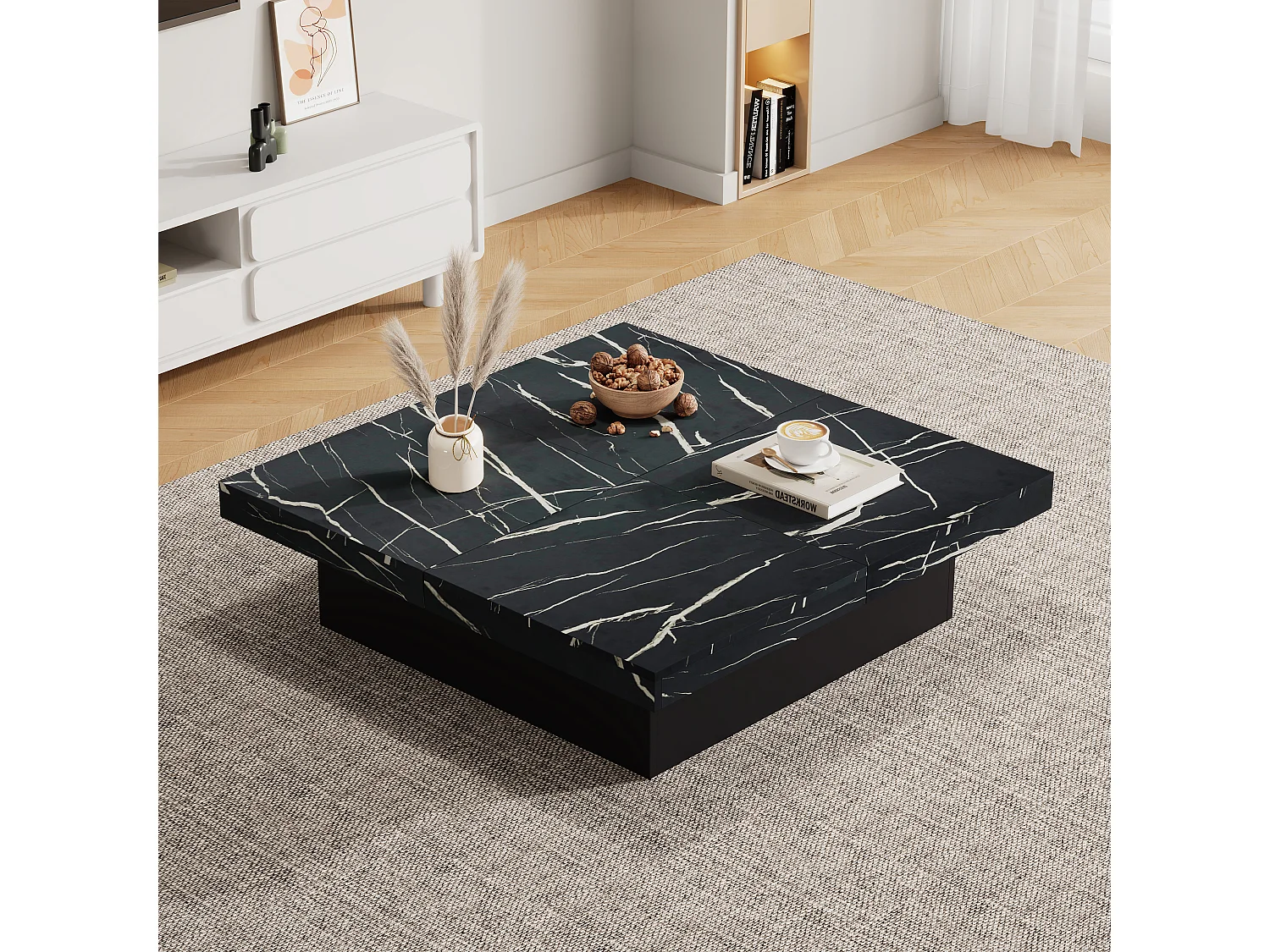 Table basse carrée moderne - aspect marbre - 90x90x25cm – 4 tiroirs coulissants - Noir