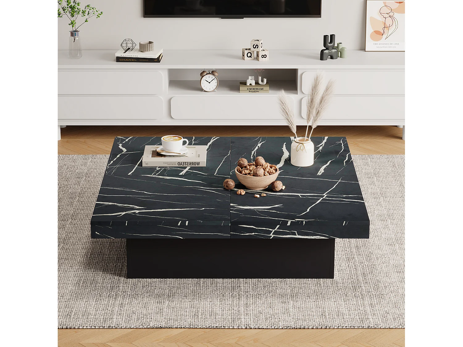 Table basse carrée moderne - aspect marbre - 90x90x25cm – 4 tiroirs coulissants - Noir