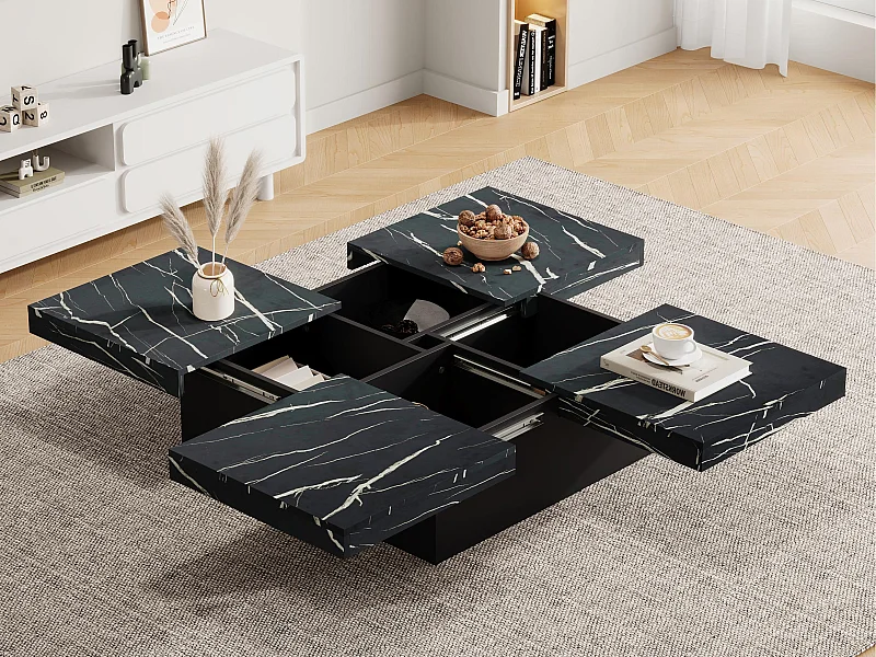 Table basse carrée moderne - aspect marbre - 90x90x25cm – 4 tiroirs coulissants - Noir