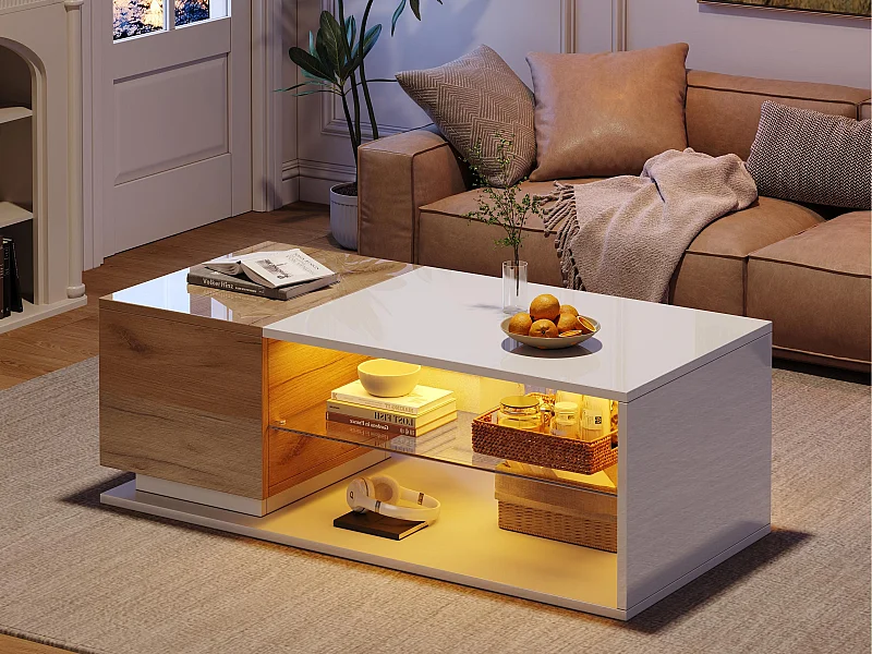 Stolik kawowy 105x50x36 cm - z taśmą LED - z miejscem do przechowywania - biały + naturalny