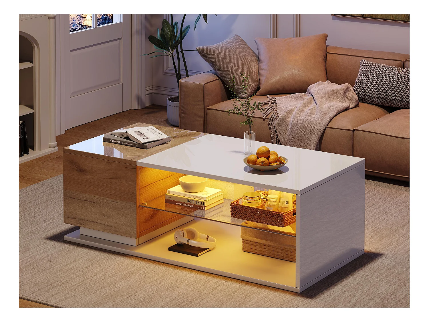 Table basse 105x50x36cm - avec bande lumineuse LED - avec rangement - blanc + naturel