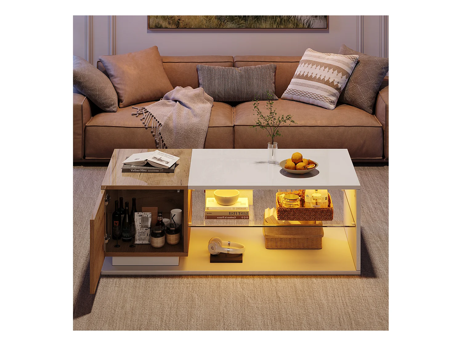 Table basse 105x50x36cm - avec bande lumineuse LED - avec rangement - blanc + naturel