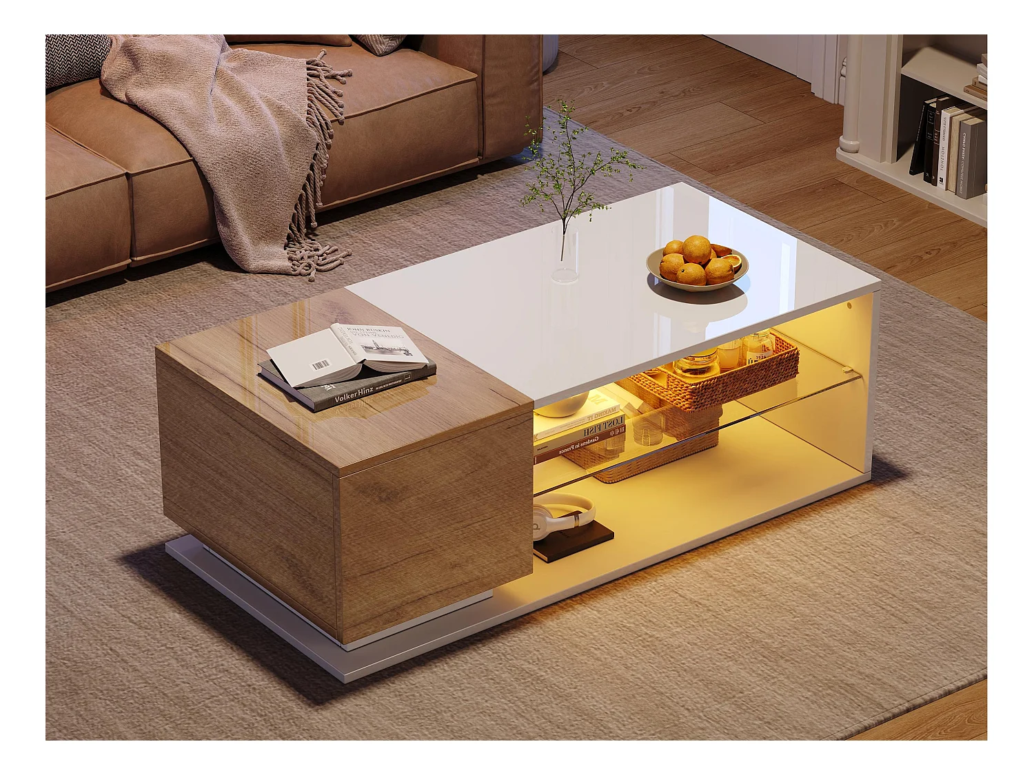 Table basse 105x50x36cm - avec bande lumineuse LED - avec rangement - blanc + naturel