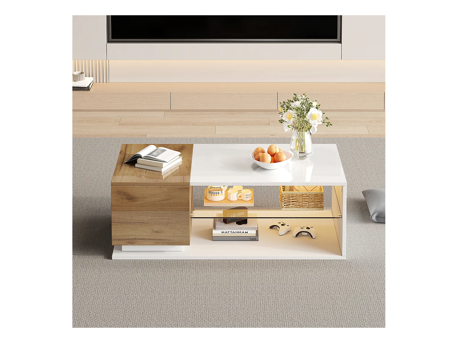 Table basse 105x50x36cm - avec bande lumineuse LED - avec rangement - blanc + naturel