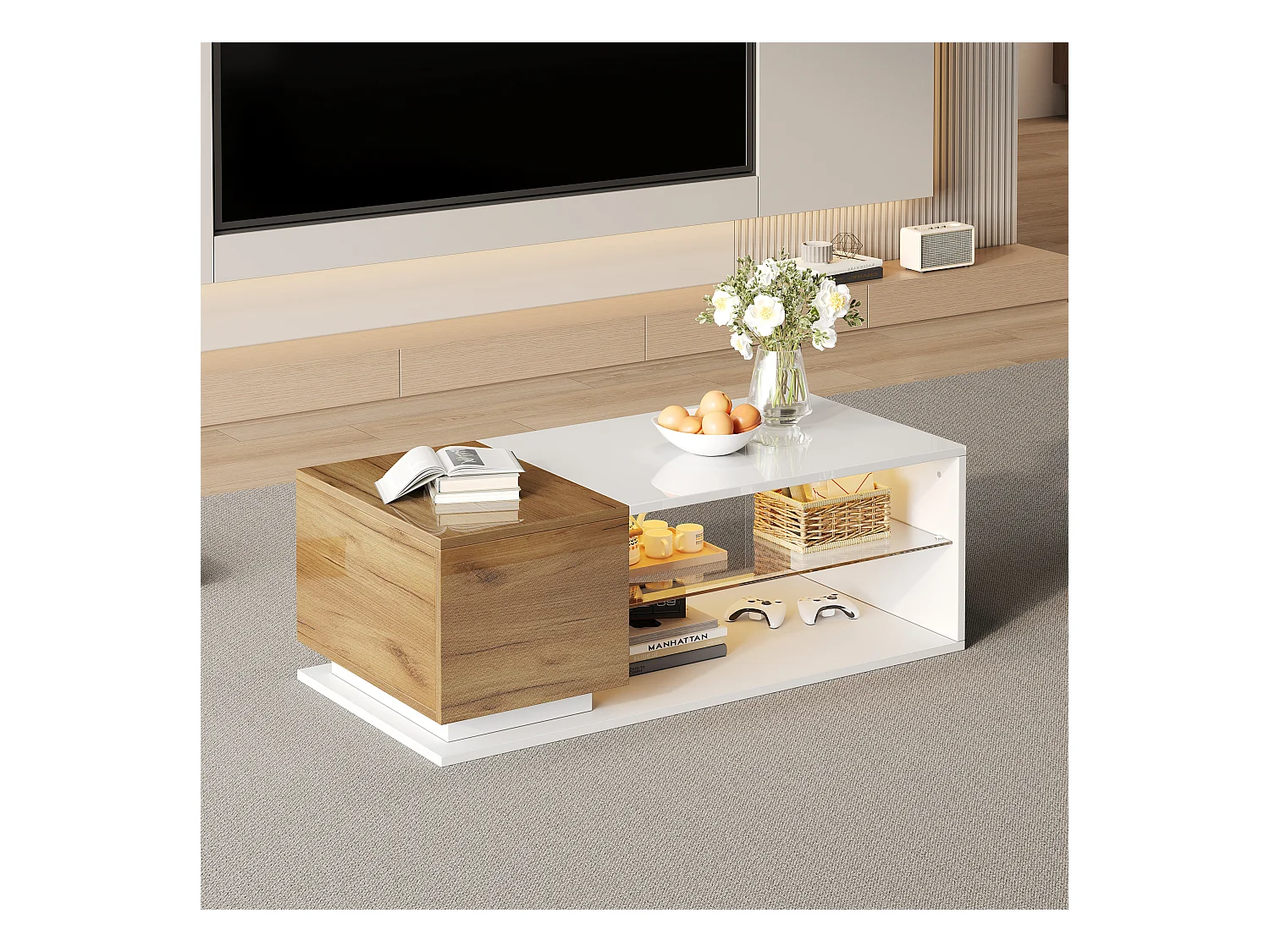 Table basse 105x50x36cm - avec bande lumineuse LED - avec rangement - blanc + naturel