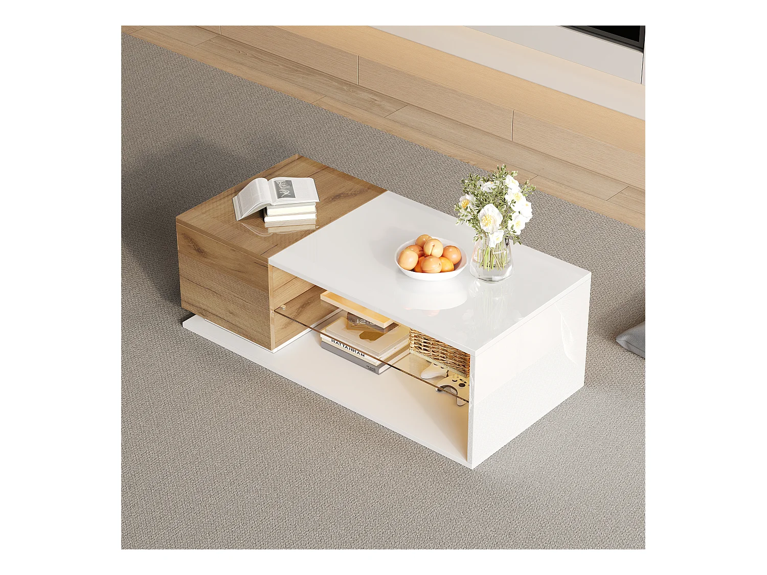 Table basse 105x50x36cm - avec bande lumineuse LED - avec rangement - blanc + naturel