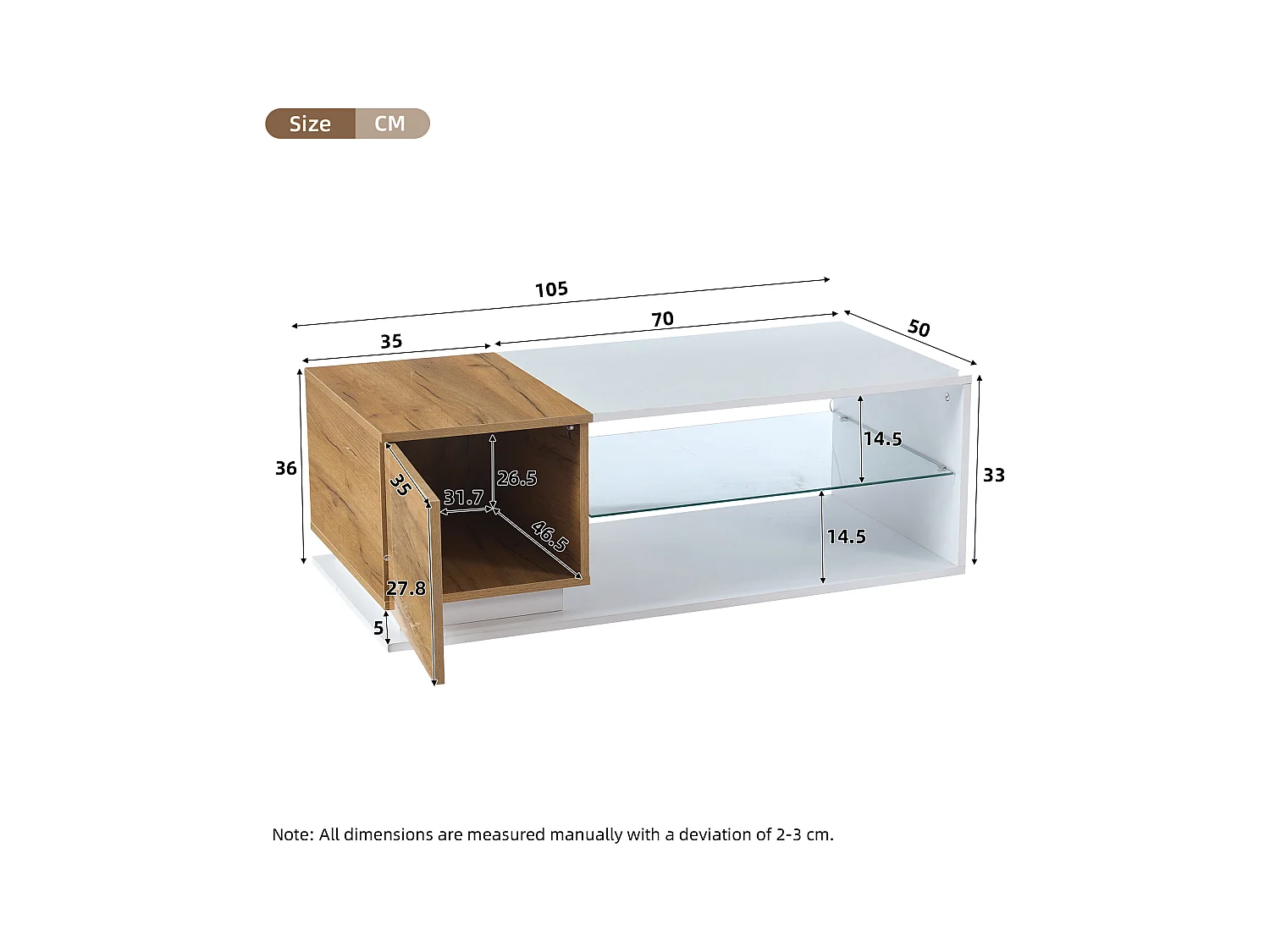Table basse 105x50x36cm - avec bande lumineuse LED - avec rangement - blanc + naturel