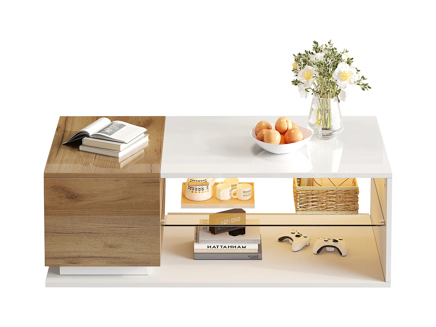 Table basse 105x50x36cm - avec bande lumineuse LED - avec rangement - blanc + naturel