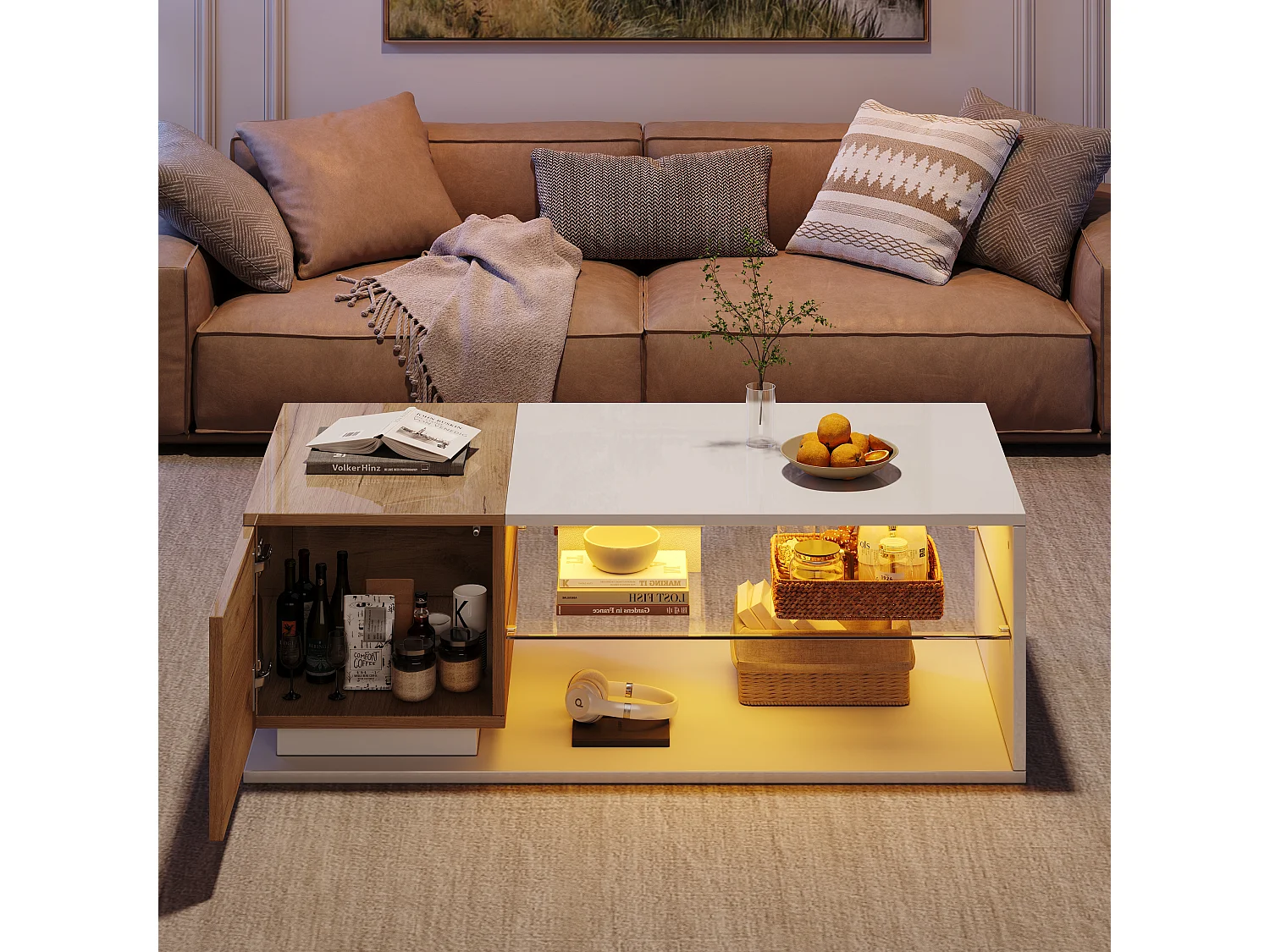 Table basse 105x50x36cm - avec bande lumineuse LED - avec rangement - blanc + naturel