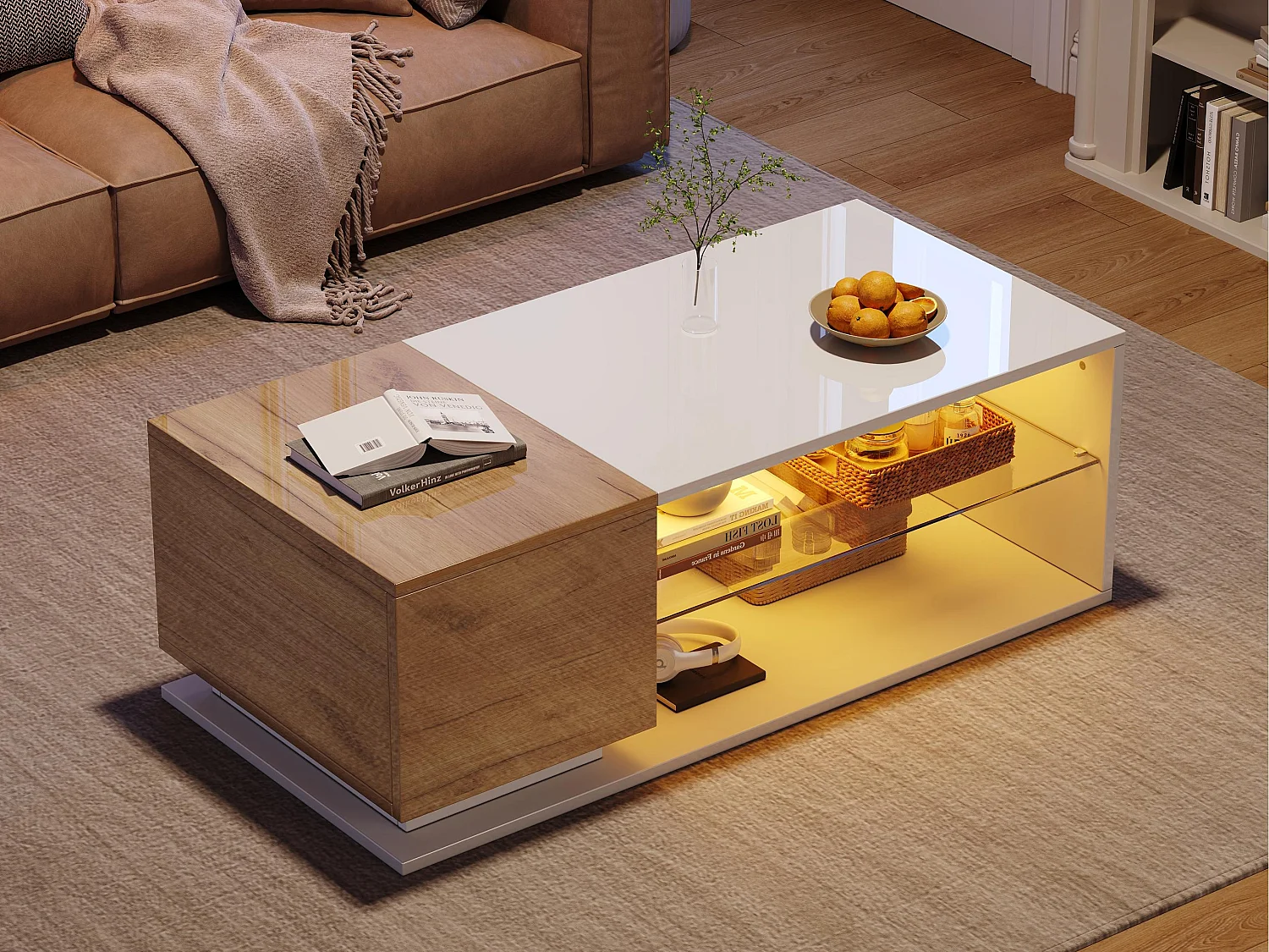 Table basse 105x50x36cm - avec bande lumineuse LED - avec rangement - blanc + naturel