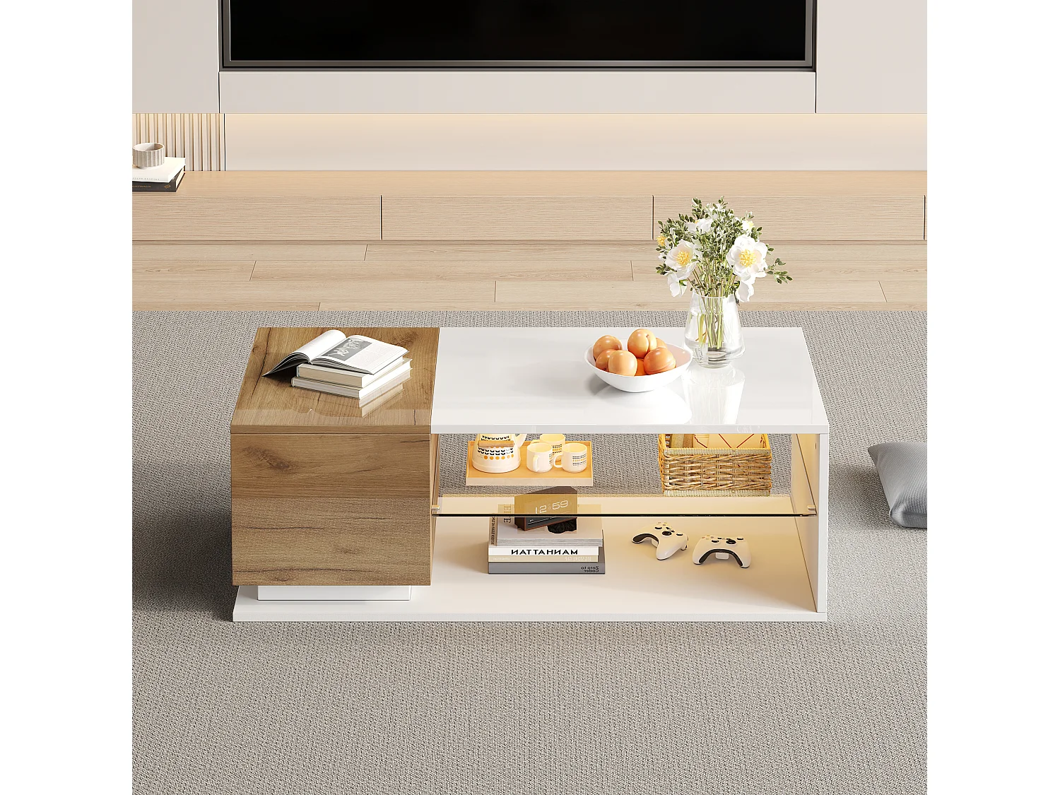 Table basse 105x50x36cm - avec bande lumineuse LED - avec rangement - blanc + naturel