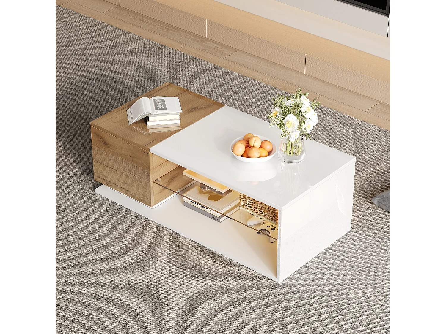 Table basse 105x50x36cm - avec bande lumineuse LED - avec rangement - blanc + naturel