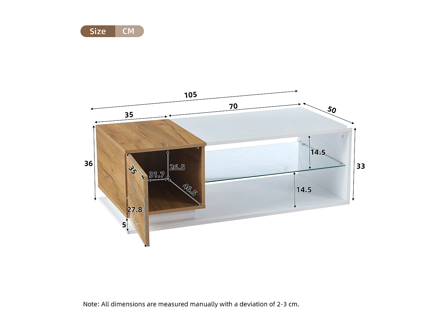 Table basse 105x50x36cm - avec bande lumineuse LED - avec rangement - blanc + naturel