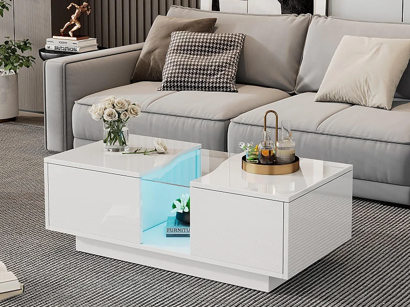 Tavolino moderno con LED e 2 cassetti - 100x50x35 cm - MDF - Bianco