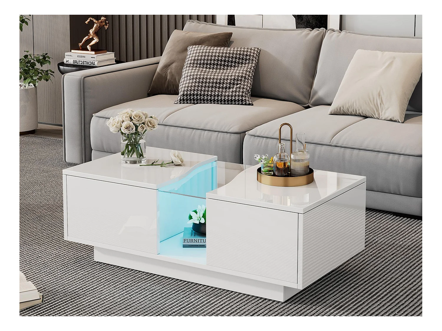 Table basse moderne à LED avec 2 tiroirs – 100x50x35 cm - MDF - Blanc