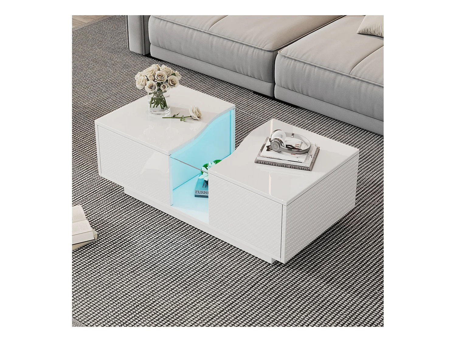 Table basse moderne à LED avec 2 tiroirs – 100x50x35 cm - MDF - Blanc