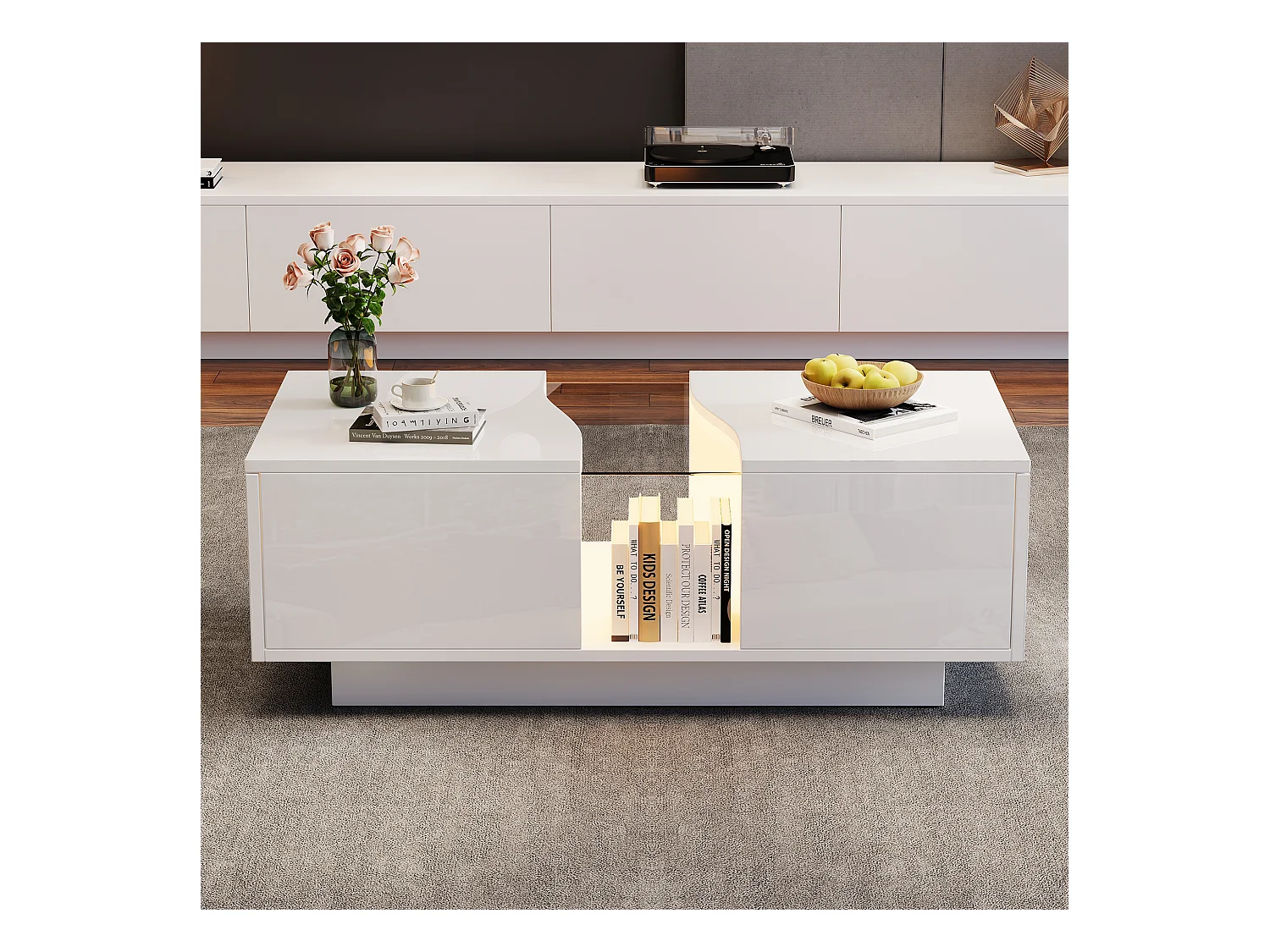 Table basse moderne à LED avec 2 tiroirs – 100x50x35 cm - MDF - Blanc