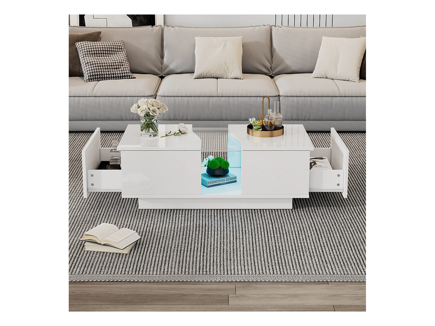 Table basse moderne à LED avec 2 tiroirs – 100x50x35 cm - MDF - Blanc