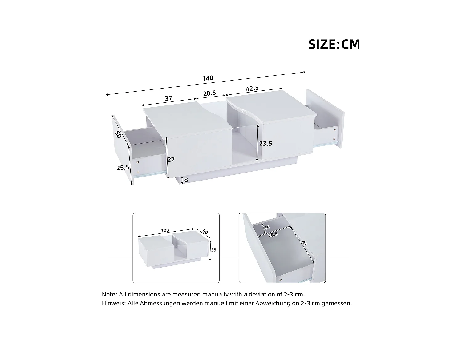 Table basse moderne à LED avec 2 tiroirs – 100x50x35 cm - MDF - Blanc
