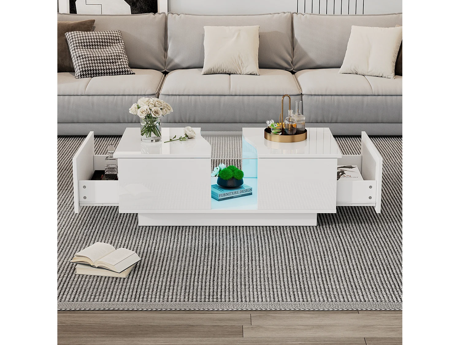 Table basse moderne à LED avec 2 tiroirs – 100x50x35 cm - MDF - Blanc