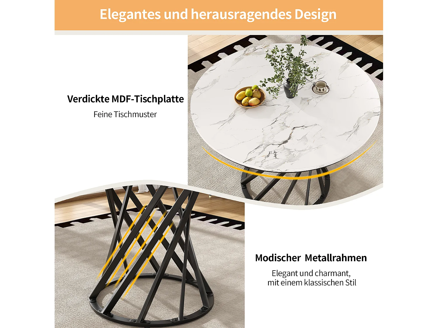 Table à manger ronde - pieds en métal - placage à motif marbre - 2 à 4 personnes - MDF - Blanc & Noir