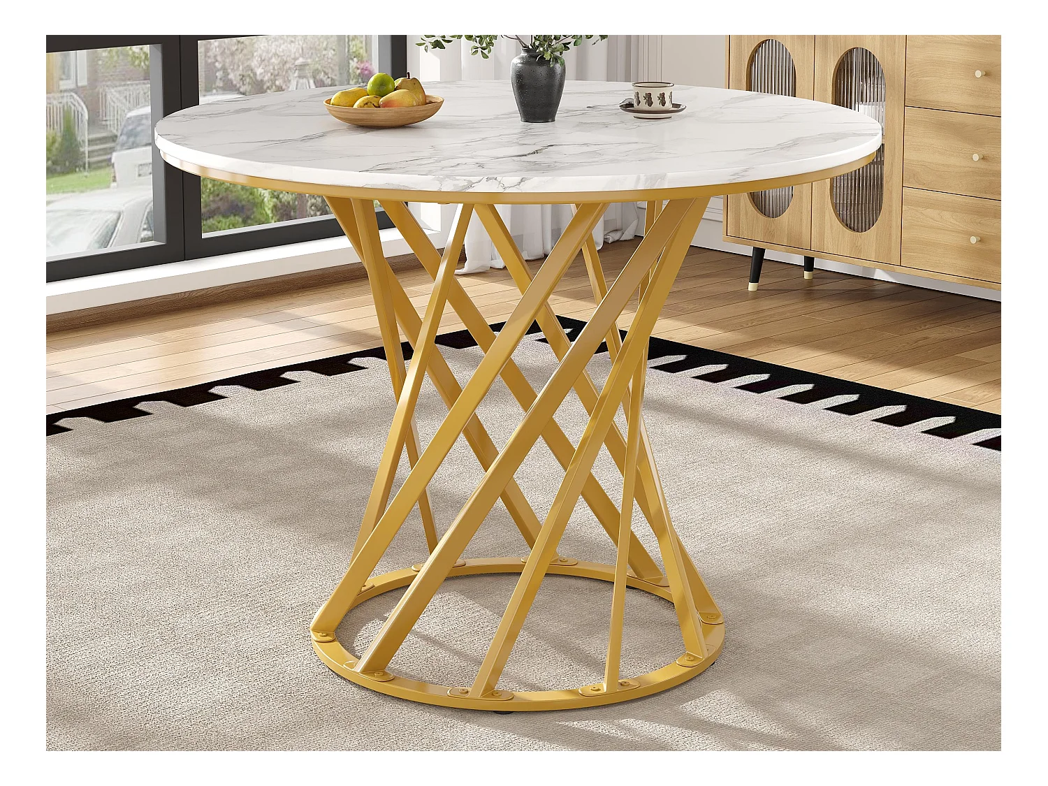 Table à manger ronde - pieds en métal - placage à motif marbre - 2 à 4 personnes - MDF - Blanc & Doré