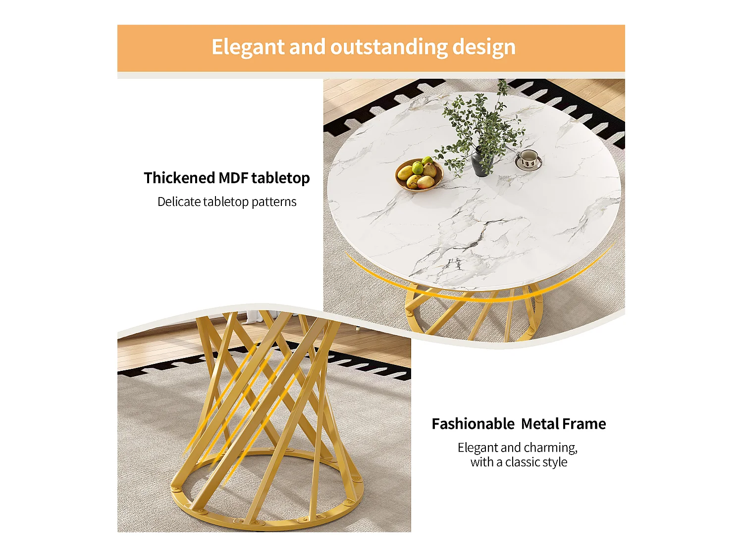 Table à manger ronde - pieds en métal - placage à motif marbre - 2 à 4 personnes - MDF - Blanc & Doré