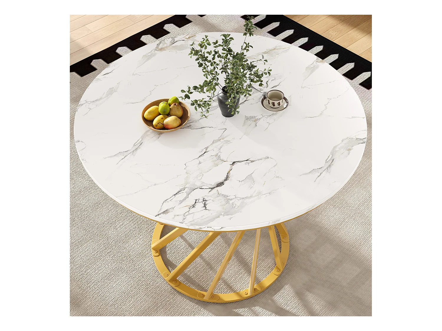 Table à manger ronde - pieds en métal - placage à motif marbre - 2 à 4 personnes - MDF - Blanc & Doré