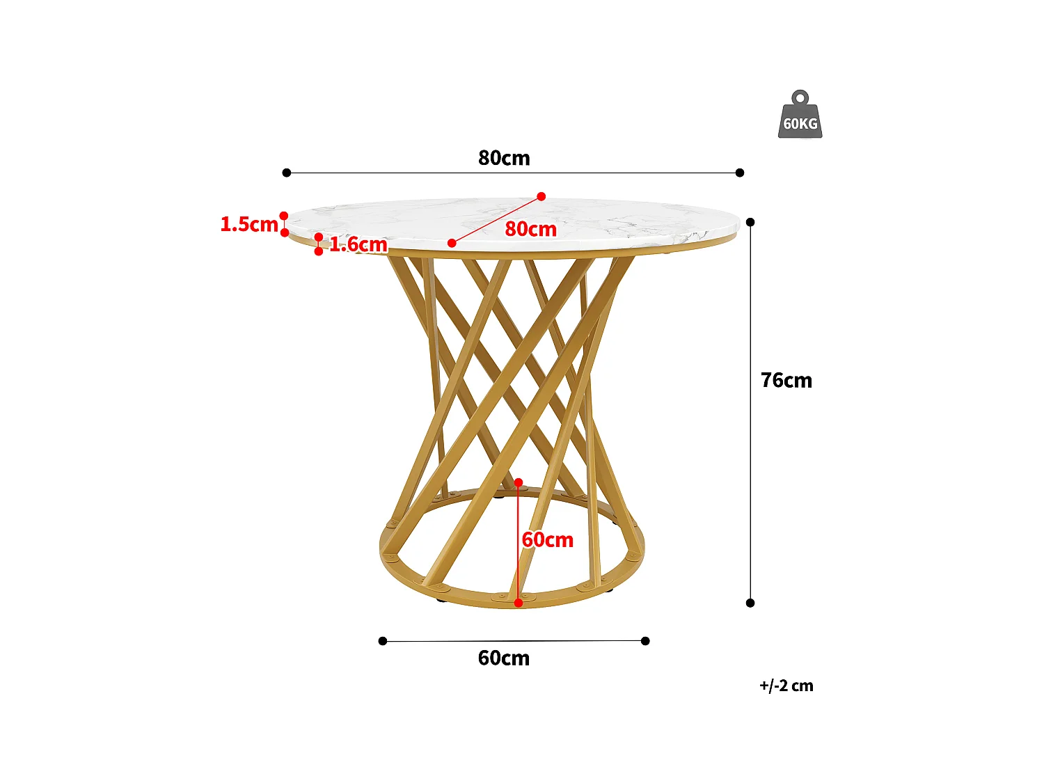 Table à manger ronde - pieds en métal - placage à motif marbre - 2 à 4 personnes - MDF - Blanc & Doré