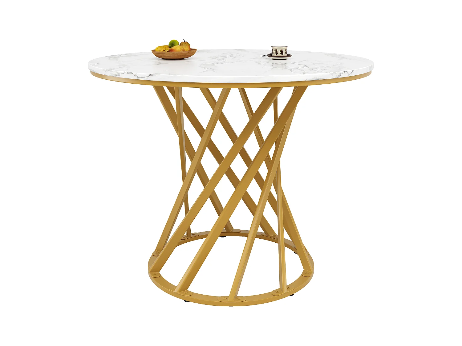 Table à manger ronde - pieds en métal - placage à motif marbre - 2 à 4 personnes - MDF - Blanc & Doré