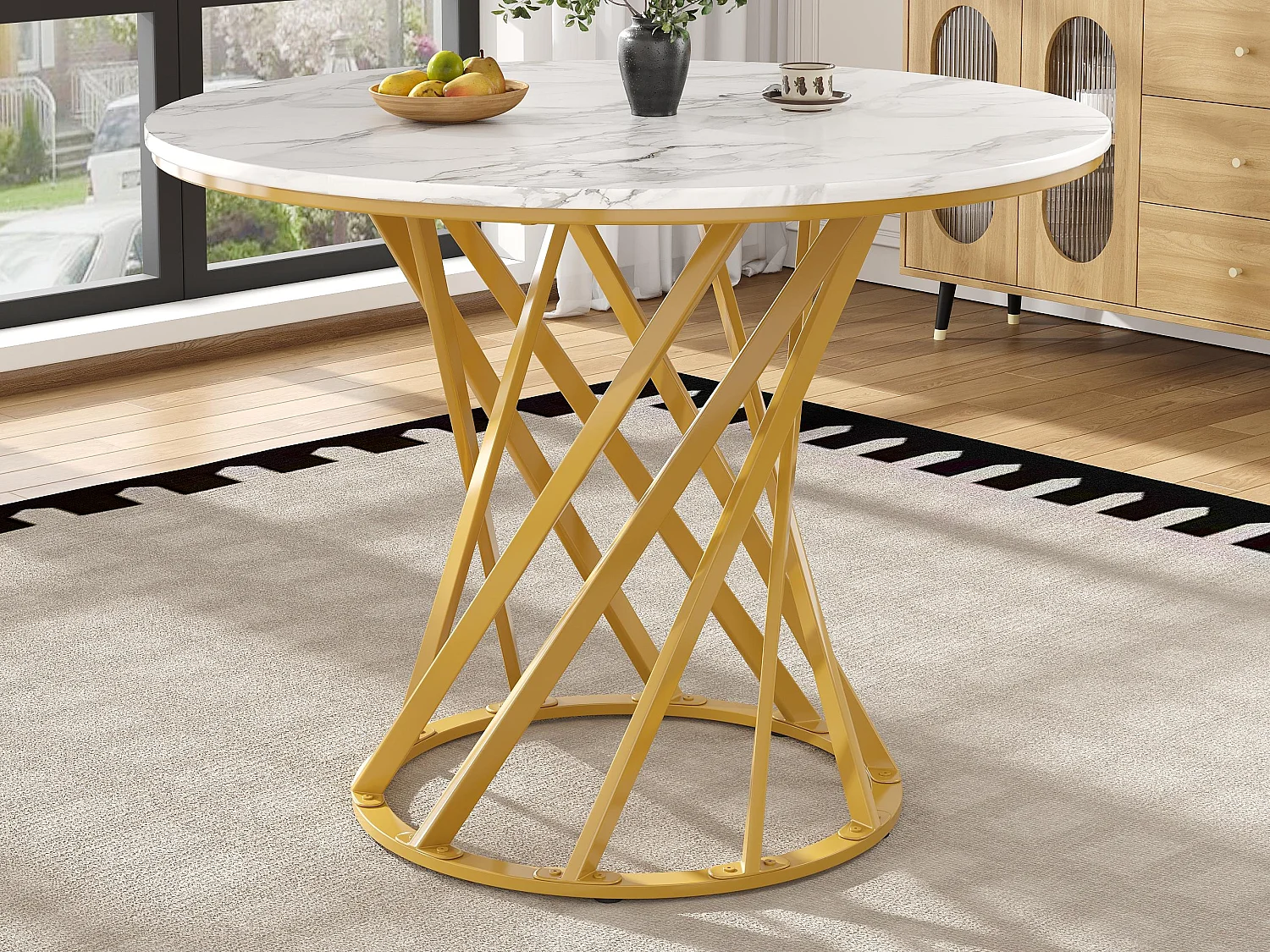 Table à manger ronde - pieds en métal - placage à motif marbre - 2 à 4 personnes - MDF - Blanc & Doré