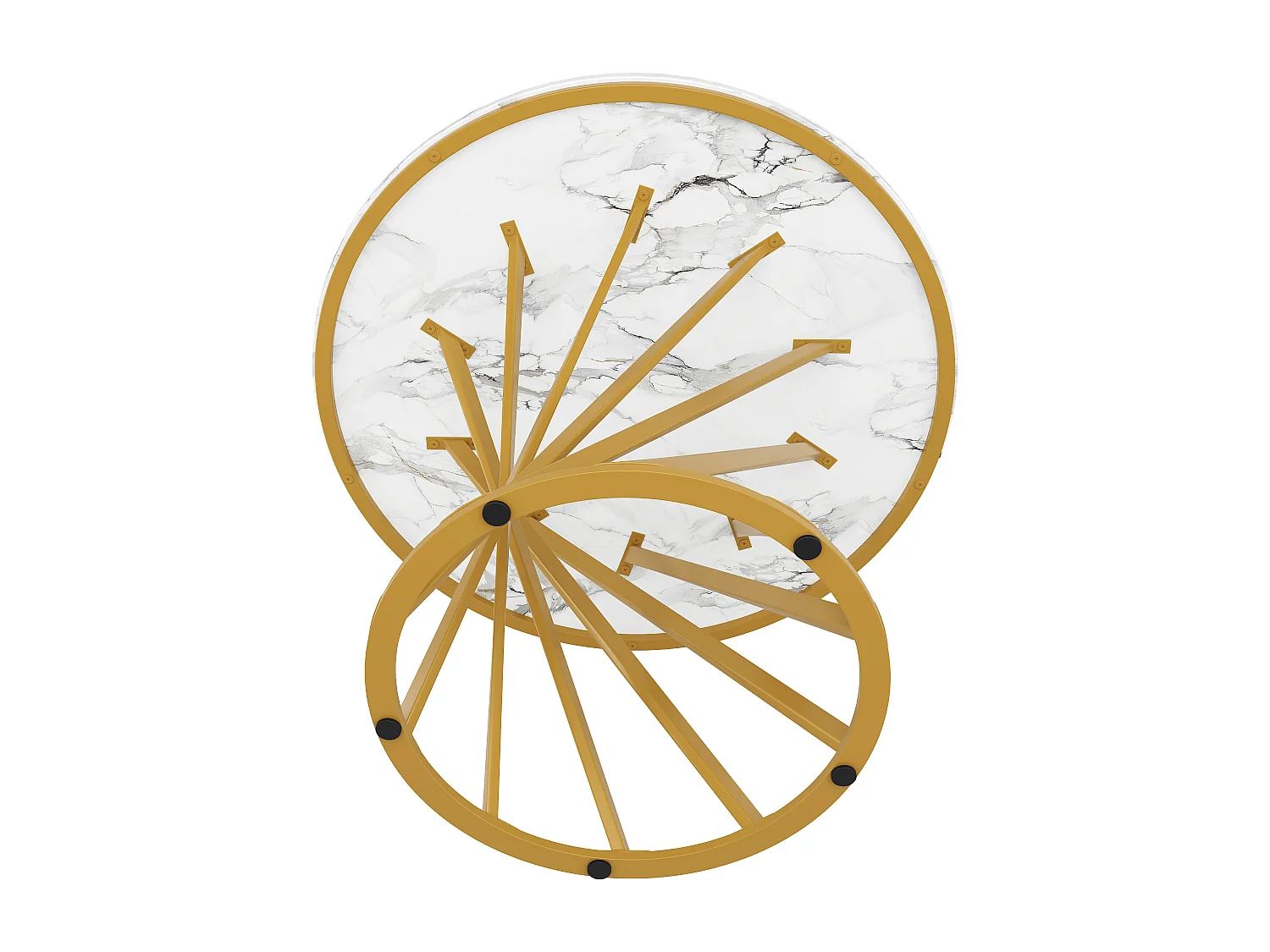 Table à manger ronde - pieds en métal - placage à motif marbre - 2 à 4 personnes - MDF - Blanc & Doré