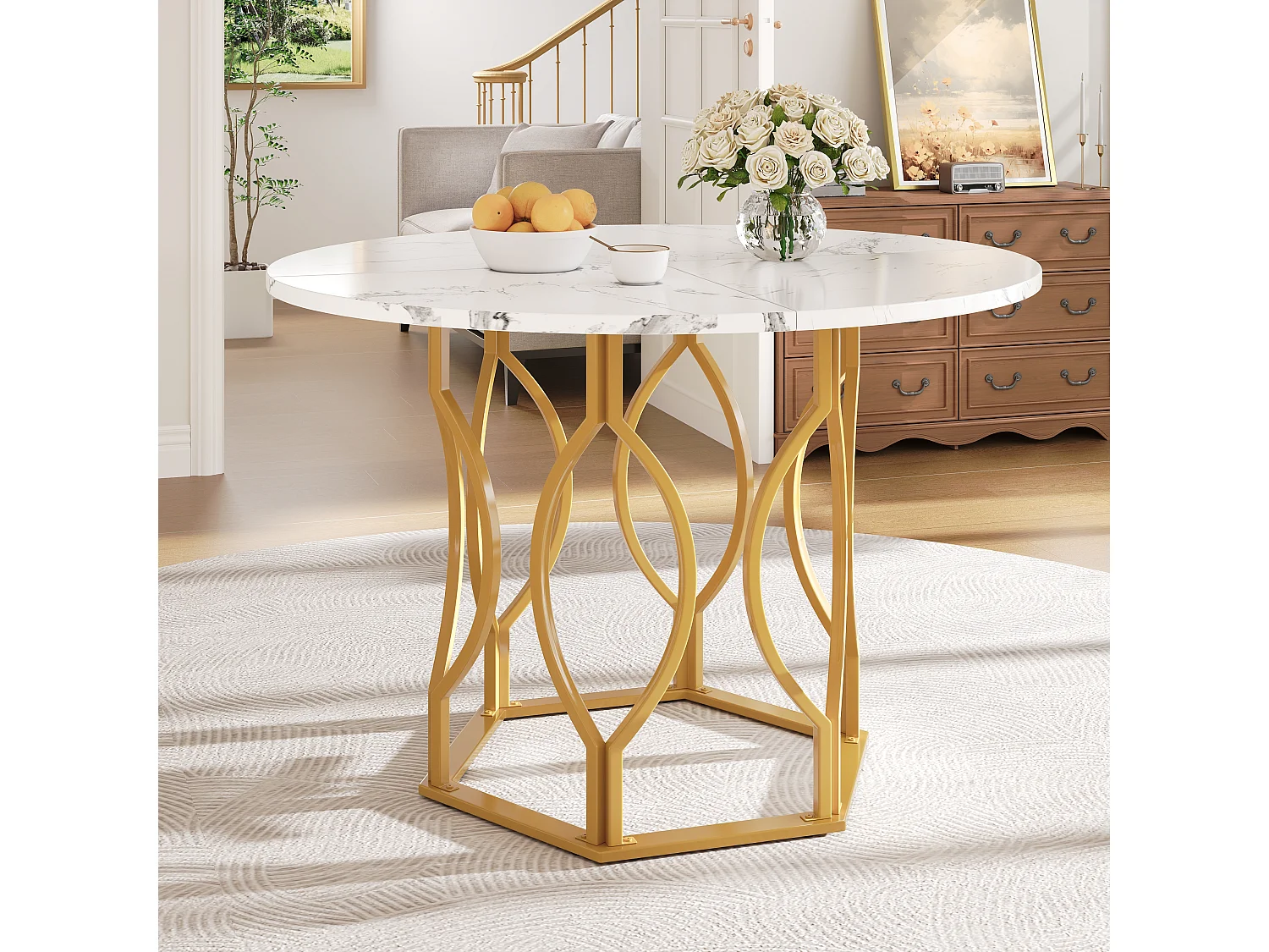 Table à manger ronde - Cadre en métal - placage à motif marbre - 4 personnes - MDF - Blanc & Doré