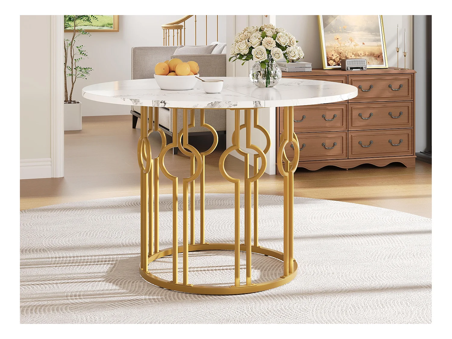 Runder Esstisch - Metallgestell - Marmor-Optik - für 4 Personen - MDF - Weiß & Gold