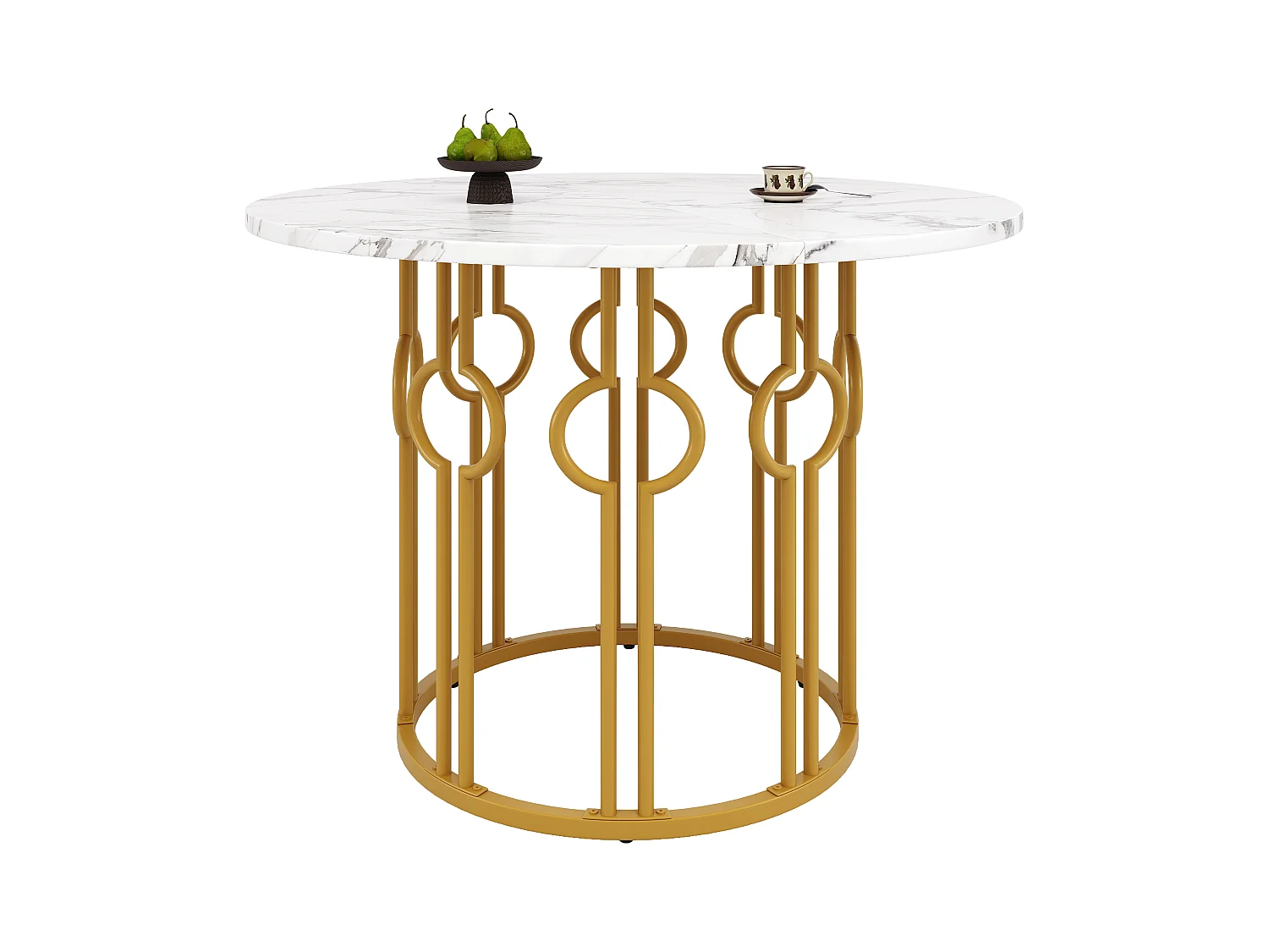 Runder Esstisch - Metallgestell - Marmor-Optik - für 4 Personen - MDF - Weiß & Gold