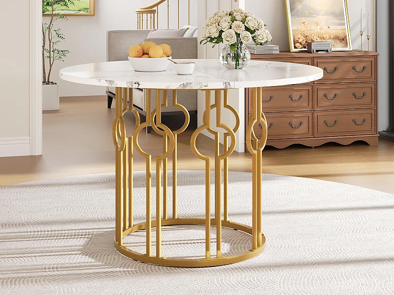 Runder Esstisch - Metallgestell - Marmor-Optik - für 4 Personen - MDF - Weiß & Gold