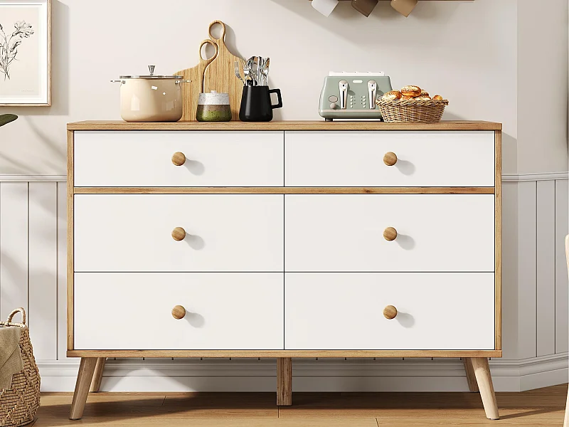 Buffet moderne 116x40x80 cm - avec 6 tiroirs - Panneaux de particule - Blanc + Naturel