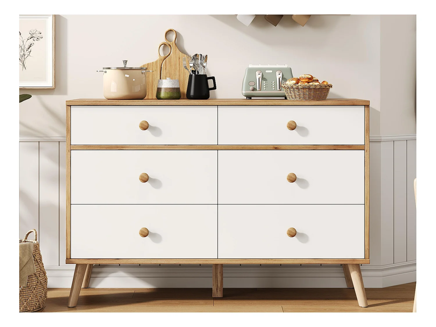 Buffet moderne 116x40x80 cm - avec 6 tiroirs - Panneaux de particule - Blanc + Naturel