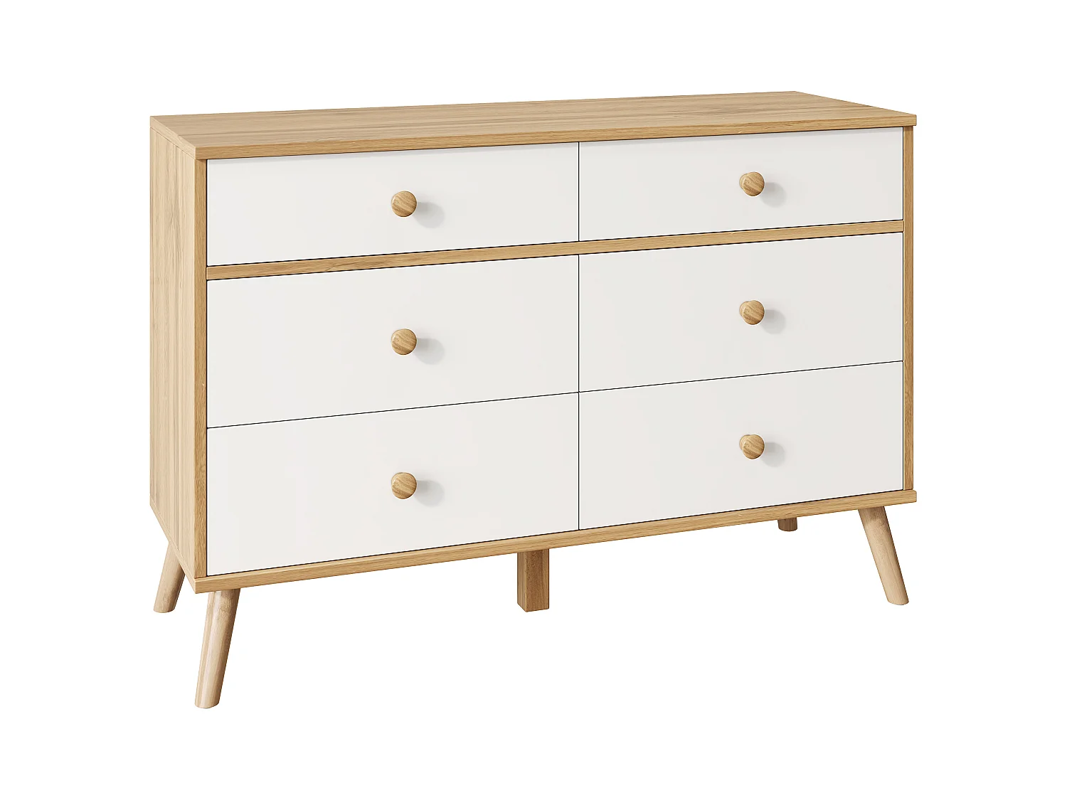 Buffet moderne 116x40x80 cm - avec 6 tiroirs - Panneaux de particule - Blanc + Naturel