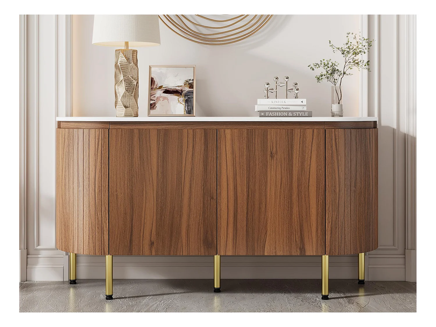 Buffet moderne 145x43x78cm - avec 4 portes - avec étagères réglables et pieds en métal - Naturel